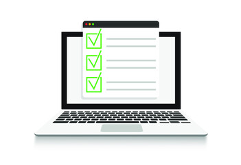 Checklist and Tick on Laptop Screen Icon. Check Mark Browser Window and Choice, Survey Concepts Vector Design on White Background.