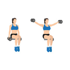 Woman doing Seated lateral. Side shoulder dumbbell raises exercise. Flat vector illustration isolated on white background