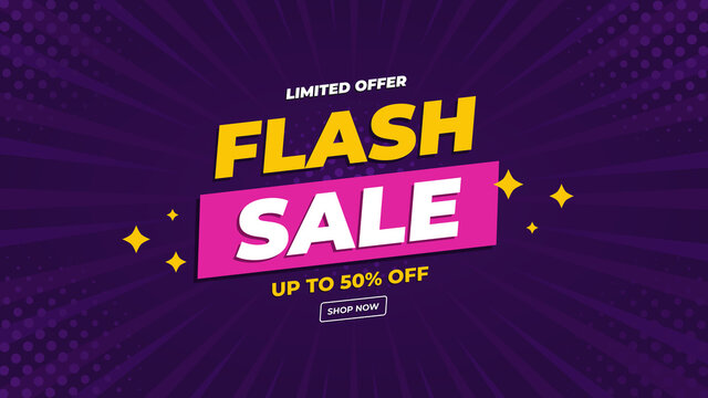 Flash Sale Banner With Purple Comic Style Background And Limited Offer Up To 50%