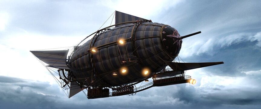 A huge steampunk airship with lights on against the backdrop of an evening stormy sky. Beautiful fantasy 3D illustration. Beautiful fantastic wallpaper