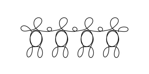 Chain of people in line art style. Black outline on white. Teamwork, friendship concept