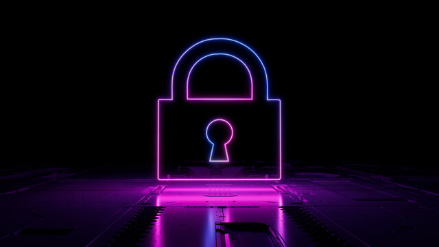 Pink and Blue neon light lock icon. Vibrant colored Security technology symbol, on a black background with high tech floor. 3D Render