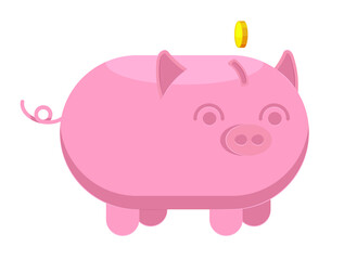 Piggy bank with falling gold coin. Moneybox in the form of a pig vector illustration isolated on a white background.