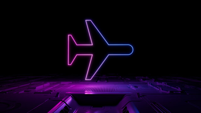 Pink and Blue neon light airplane icon. Vibrant colored Flight technology symbol, on a black background with high tech floor. 3D Render