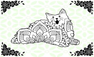 funny cat cartoon illustration in zentangle stylized with floral background