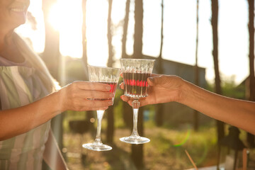 Mature women drinking wine at barbecue party on summer day