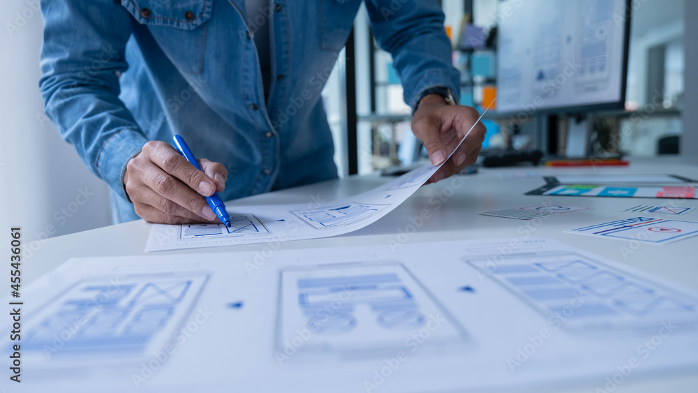 Wall mural creative web designer planning application and developing template layout, framework for mobile phon