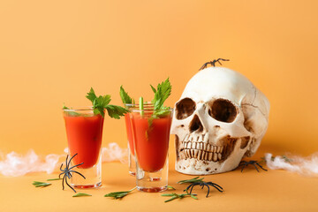 Shots of tasty bloody Mary cocktail decorated for Halloween on color background - obrazy, fototapety, plakaty
