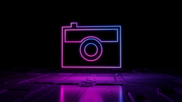 Pink and Blue Photo Technology Concept with camera symbol as a neon light. Vibrant colored icon, on a black background with high tech floor. 3D Render