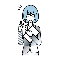 立って書類を手に持って何かひらめいたスーツの女性