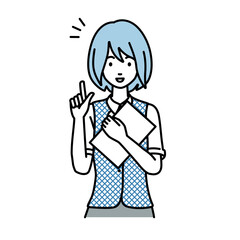 立って書類を手に持って何かひらめいた事務員制服の女性