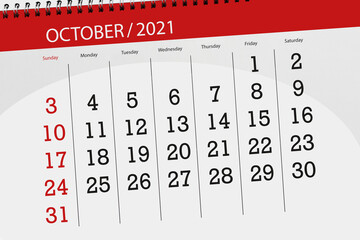 Calendar planner for the month october 2021, deadline day - obrazy, fototapety, plakaty