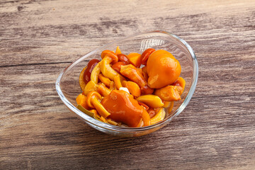 Marinated pickled honey mushrooms in the bowl