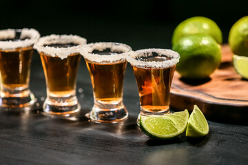 Shots of tasty tequila with lime on dark background
