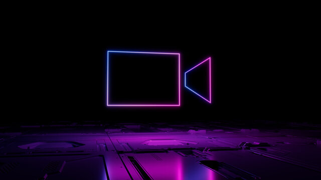 Pink and Blue Video camera Technology Concept with Recording symbol as a neon light. Vibrant colored icon, on a black background with high tech floor. 3D Render