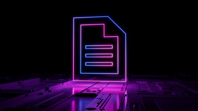 Pink and Blue neon light document icon. Vibrant colored Word document technology symbol, on a black background with high tech floor. 3D Render