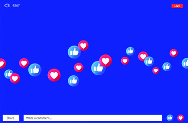 Like and heart icons for live stream video chat likes background vector design template. Social nets blue thumb up like and red heart web buttons isolated on white background. Vector illustration