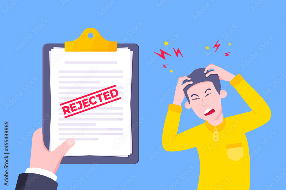 Poster sad man and an clipboard with rejected application form flat style design vector illustration. bad j