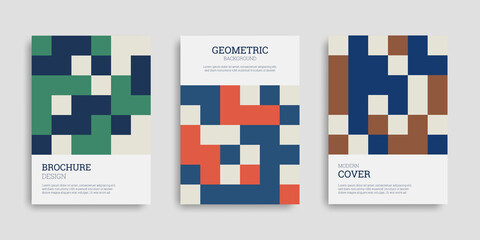 Set of abstract geometric covers. A4 posters. Business template collection with geometric shapes. Background design in flat style. Vector illustration. Design brochure, cover, notebook, catalog.