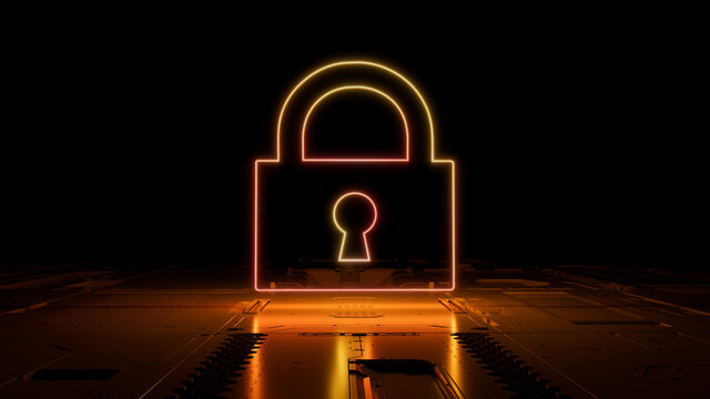 Orange and Yellow neon light lock icon. Vibrant colored Security technology symbol, on a black background with high tech floor. 3D Render