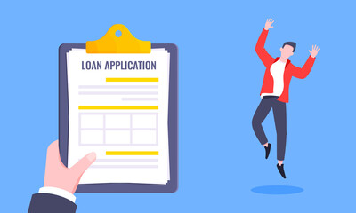 Obraz premium Hand holds loan approval application paper sheets document. Mortgage or credit form with stamp approved and happy person jumping behind flat style design vector illustration.