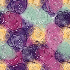 Seamless abstract floral pattern with colourful roses in digital fluid art technique 