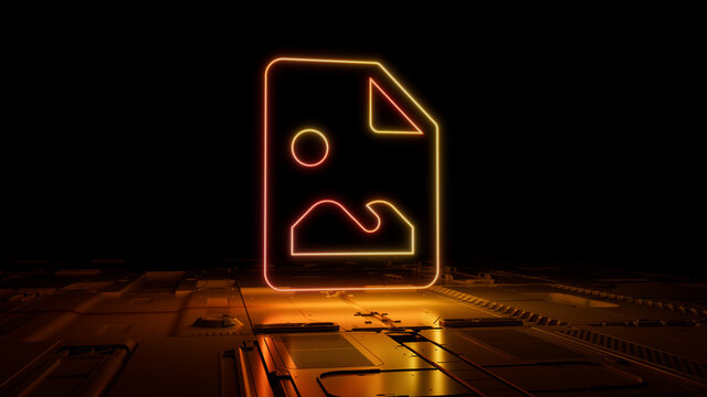 Orange and Yellow neon light picture icon. Vibrant colored Image technology symbol, on a black background with high tech floor. 3D Render