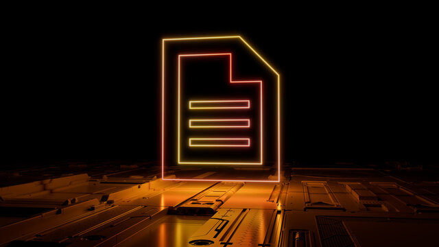 Orange and Yellow neon light document icon. Vibrant colored Word document technology symbol, on a black background with high tech floor. 3D Render
