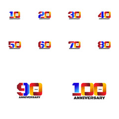set 10, 20, 30, 40, 50, 60, 70, 80, 90, 100 Year Anniversary Vector Template Design Illustration
