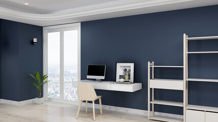 Naklejka na ściany i meble 3d render office minimalist room with wooden design interior
