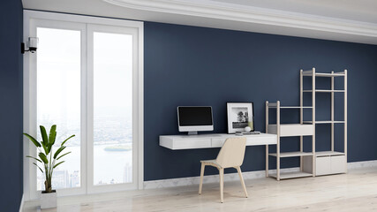 3d render office minimalist room with wooden design interior