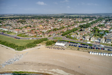 Aerial view of Goring by Sea beach with the popular Cafe with the greensward in view behind the...