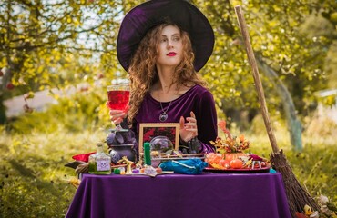 Halloween party and masquerade ideas, people outfit. Witch from school of wizards and magic