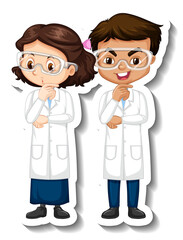 Cartoon character sticker with couple scientists in science gown