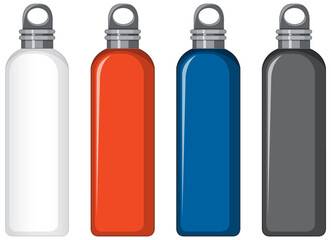 Set of different colour metal water bottles isolated
