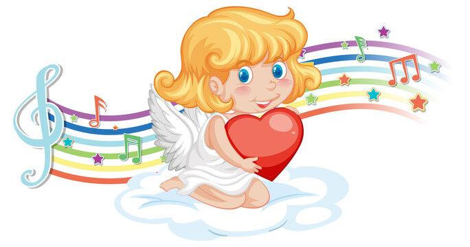 Cupid angel character with melody symbols on rainbow