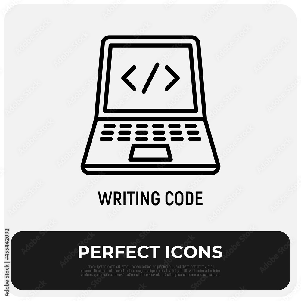 Fototapete writing code thin line icon, open laptop with code. web development, programming. modern vector illu