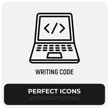 Writing code thin line icon, open laptop with code. Web development, programming. Modern vector illustration.