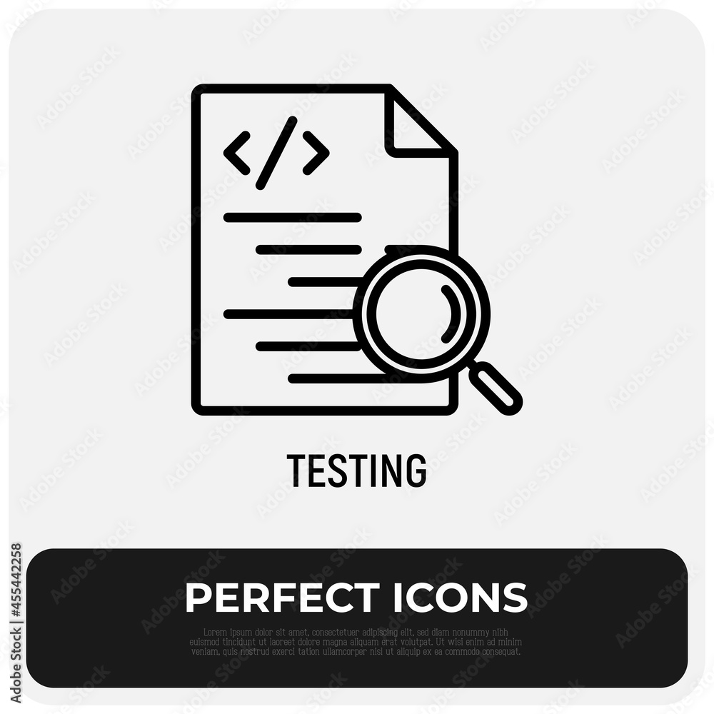 Poster testing software, code with magnifying glass thin line icon. modern vector illustration.
