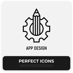 App design thin line icon, pencil in cogwheel. Modern vector illustration.