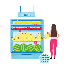 Woman buying fruits at grocery store semi flat color vector character. Full body person on white. Girl purchasing bananas isolated modern cartoon style illustration for graphic design and animation