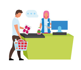 Cashier scanning customer products semi flat color vector characters. Full body people on white. Grocery store checkout area isolated modern cartoon style illustration for graphic design and animation