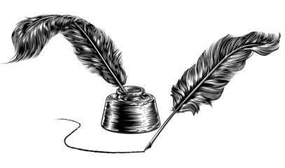 Quill Feather Pens and Ink Well