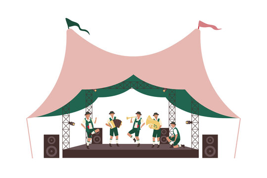 Open-air Oktoberfest Concert Flat Concept Vector Illustration. Dancing Musicians In Lederhosen Isolated 2D Cartoon Characters On White For Web Design. Traditional Bavarian Music Playing Creative Idea