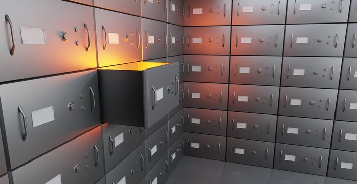 Bank deposit safe boxes, one open locker with golden light inside, angle view. Realistic interior room in vault with metal silver doors on wall for secure storage valuables, money or jewels, 3d render