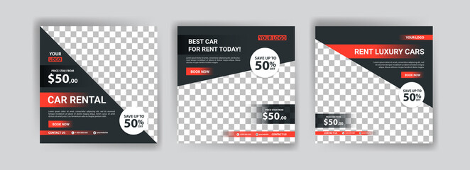 Social media post template for automotive car rental service. Banner vector for social media ads, web ads, business messages, discount flyers and big sale banners.