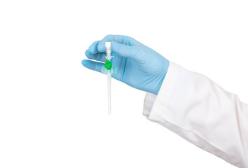 Doctor's hand in a medical gown and a blue glove with a medical catheter on a white background, isoyal. Concept for the use of catheters in plastic surgery