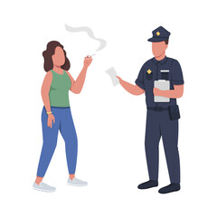 Policeman giving fine for smoking semi flat color vector characters. Full body people on white. Ban smoking in public place isolated modern cartoon style illustration for graphic design and animation