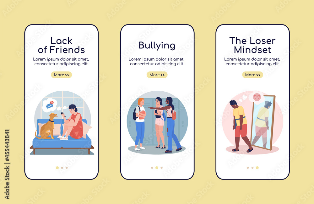 Poster teenager problems onboarding mobile app screen flat vector template. walkthrough website 3 steps wit