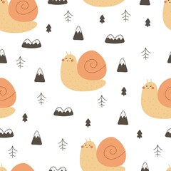 Seamless pattern with cartoon snails. colorful vector for kids. hand drawing, flat style. Baby design for fabric, print, textile, wrapper